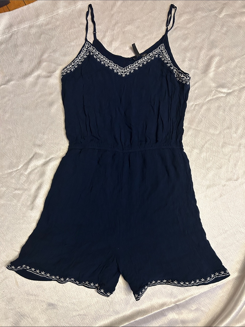 Navy Embroidered Girls' One-Piece Romper